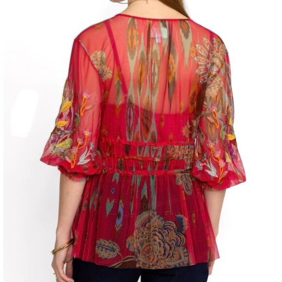 NEW Johnny Was Feather Lark Mesh Blouse Floral Embroidered Red w Camisole Size L - Picture 5 of 16